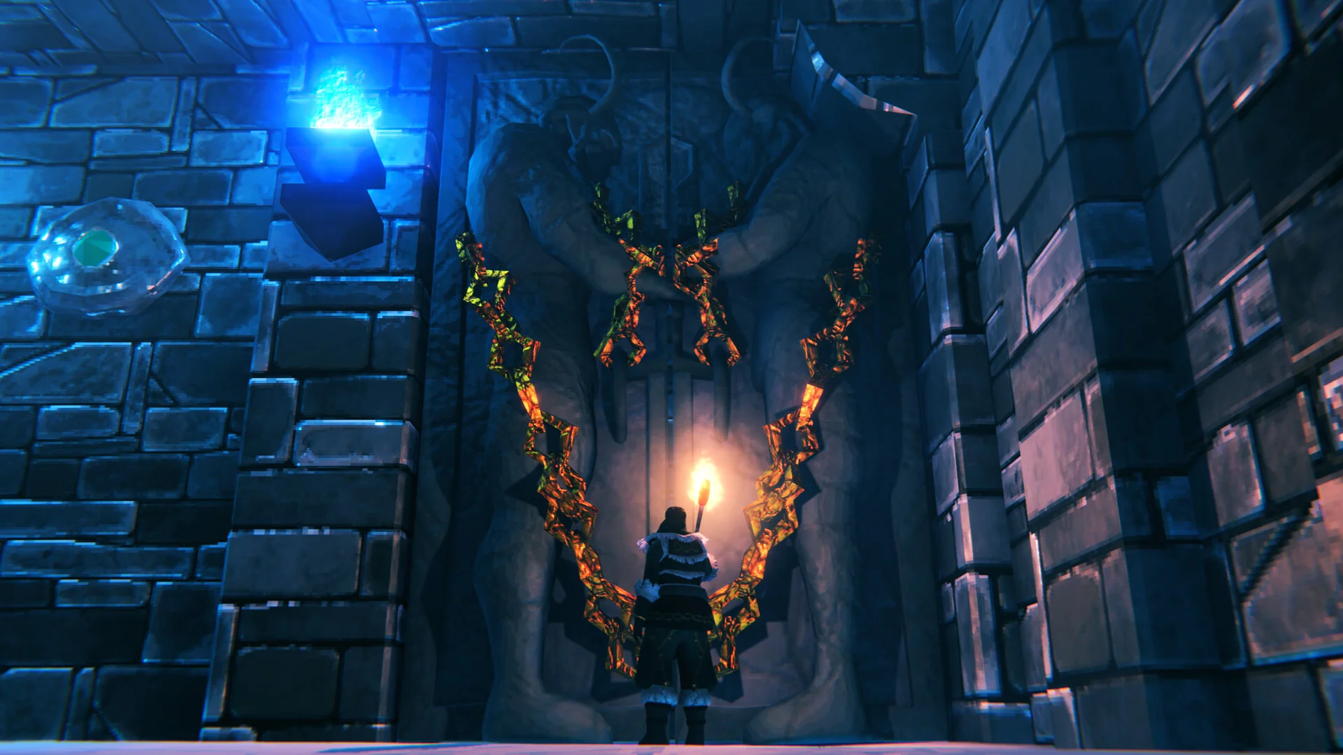 Official in-game screenshot of a Valheim dungeon interior with a lit rune gate