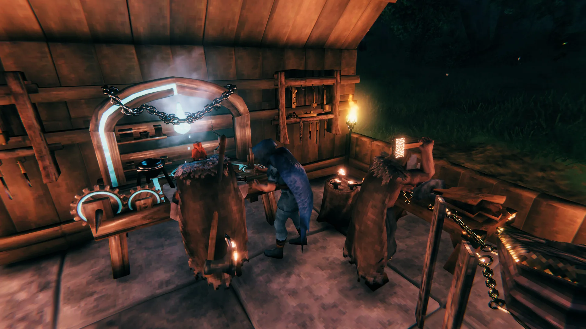 Official in-game screenshot of a Valheim forge interior with weapons on racks