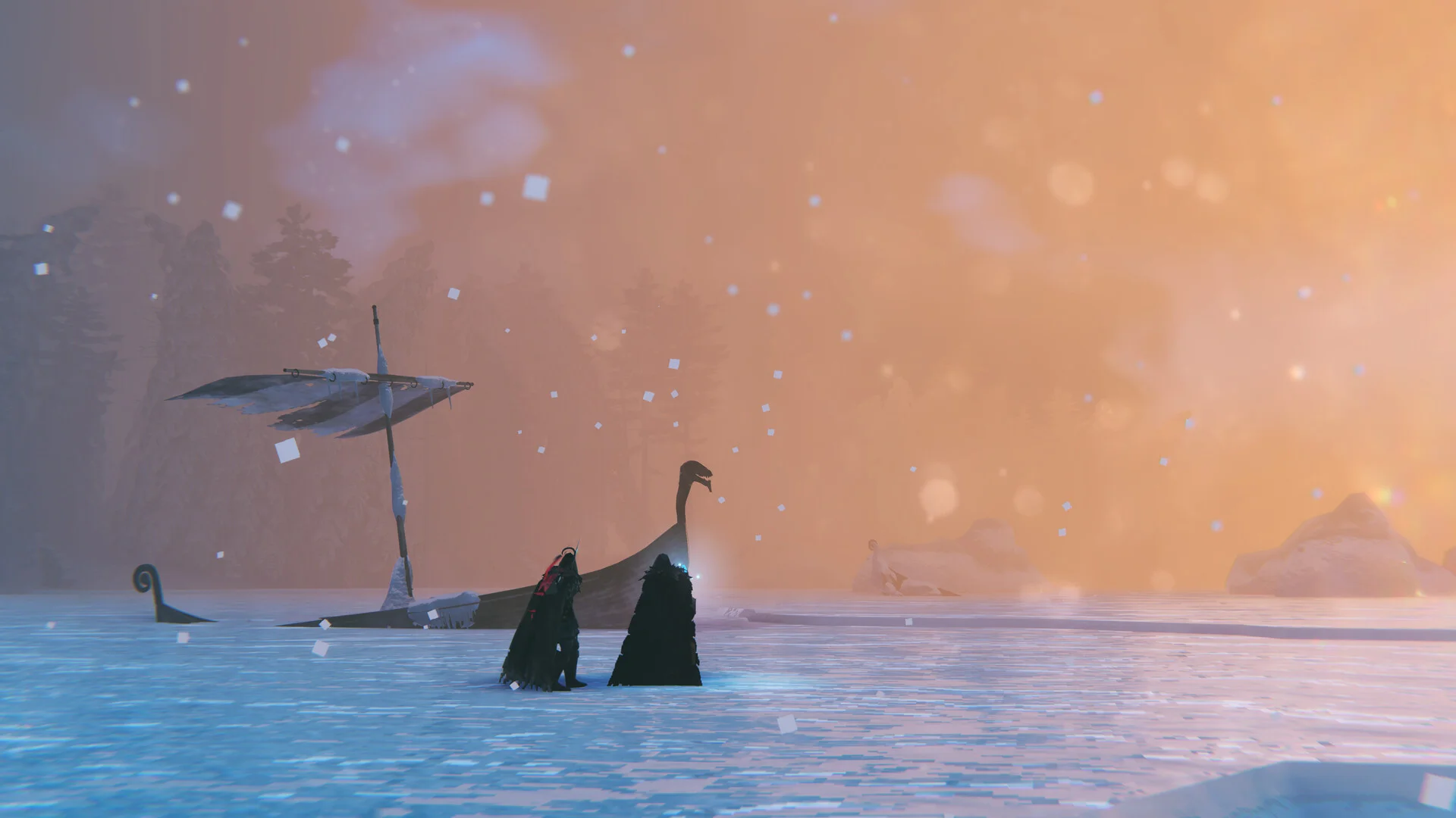 Official in-game screenshot of a Valheim longship trapped in ice in a snowbound landscape