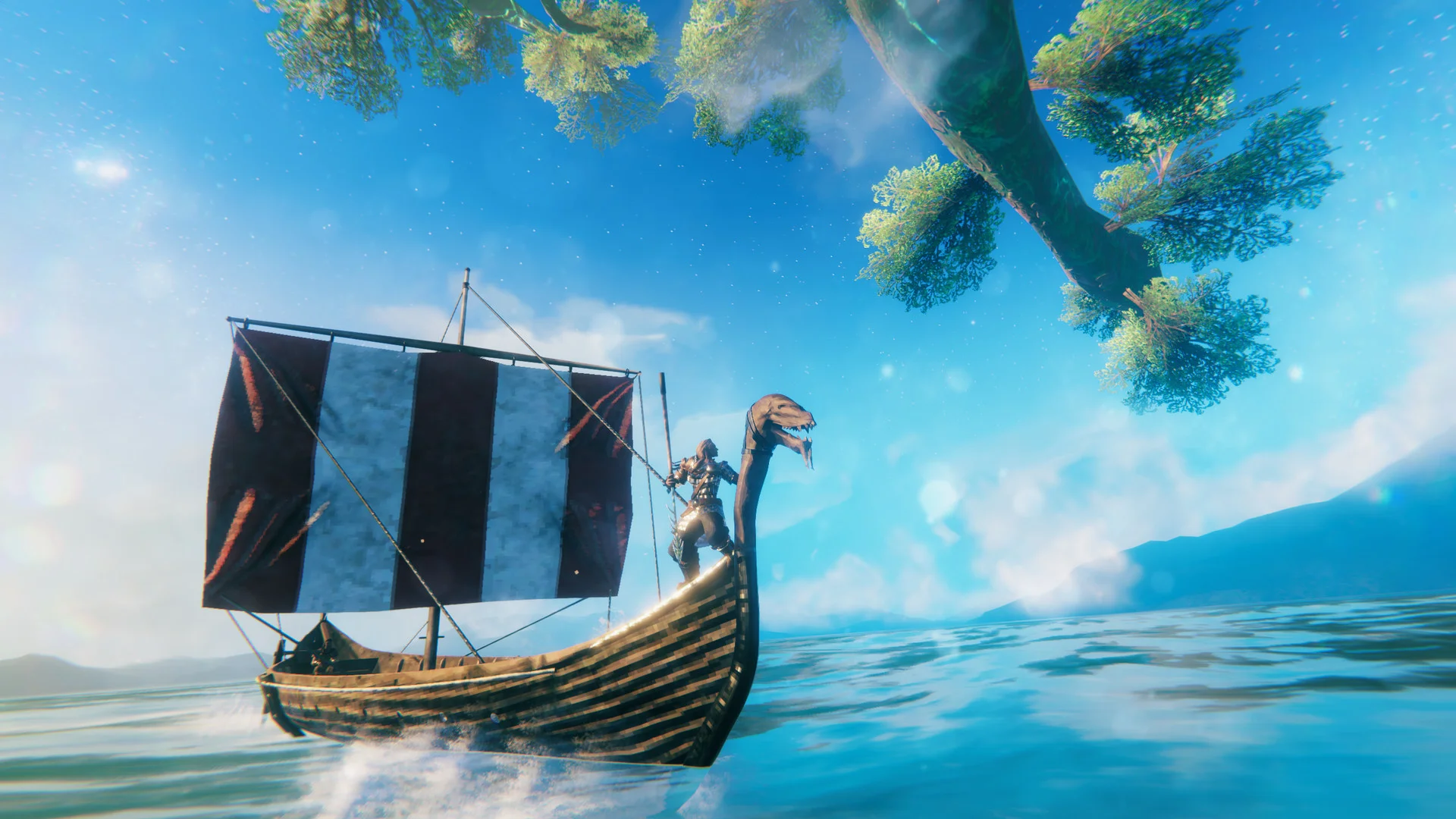 Official in-game screenshot of a Valheim longship under sail on open ocean